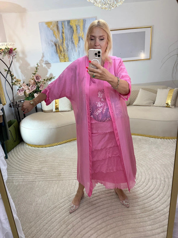 Cardigan lungo rosa in misto seta