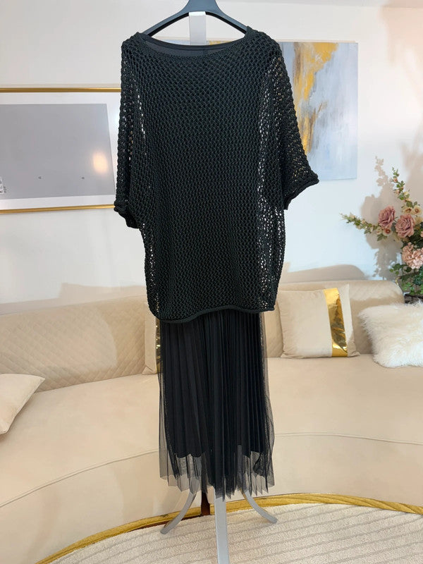 Completo abito plissé con maglia traforata – nero elegante