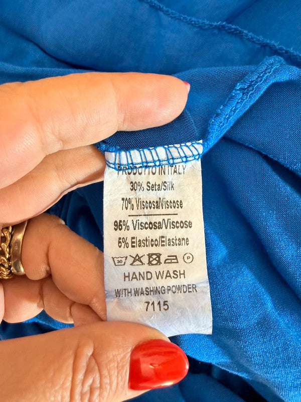 Vestito lungo blu scuro in seta e viscosa a balze