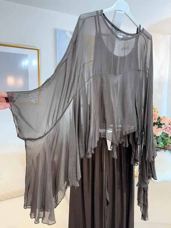 Blusa chiffon marrone seta oversize maniche scenografiche Made in Italy