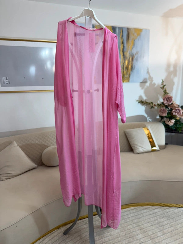 Cardigan lungo rosa in misto seta
