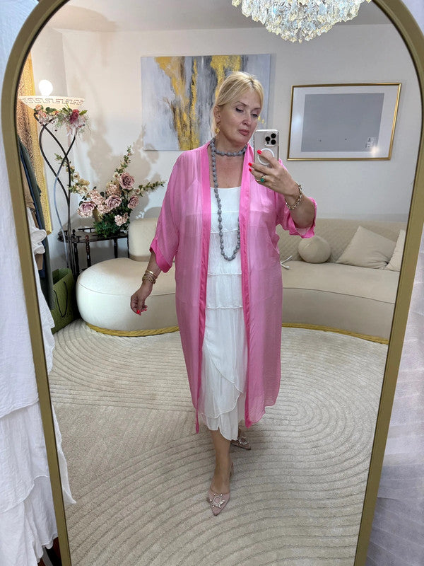 Cardigan lungo rosa in misto seta