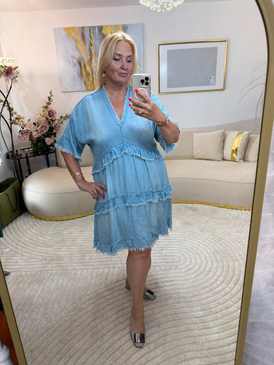 Abito corto in lyocell con balze – Made in Italy