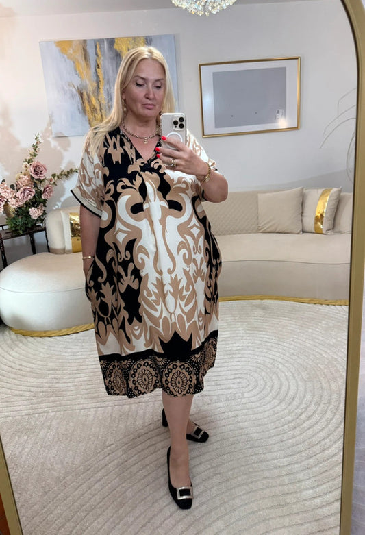 Abito midi in viscosa con stampa barocca – Made in Italy