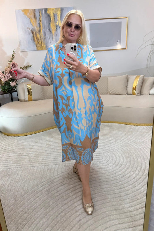 Abito midi azzurro/beige in viscosa – Made in Italy