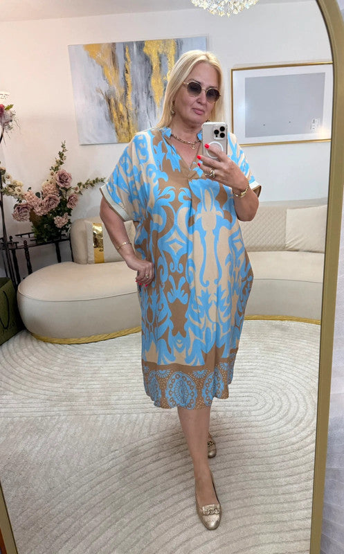 Abito midi azzurro/beige in viscosa – Made in Italy