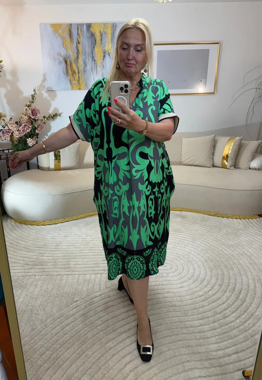 Abito midi verde/nero in viscosa – Made in Italy