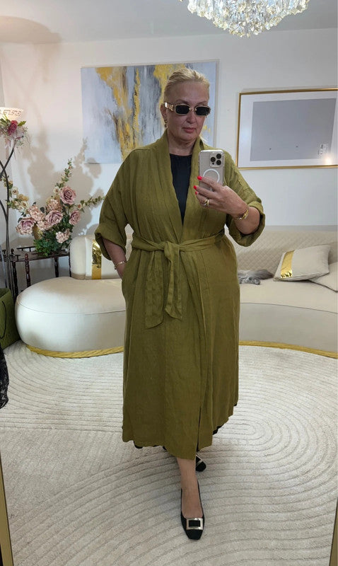 Cardigan lungo 100% lino – verde oliva, Made in Italy