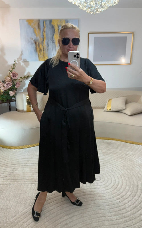 Vestito lungo viscosa nero con cintura