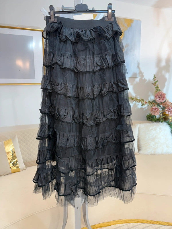 Gonna in tulle con rouches e bordo in velluto