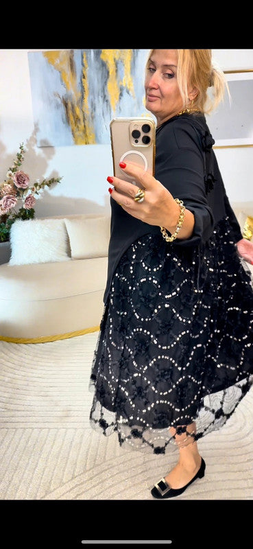 Vestito lungo con pizzo e paillettes
