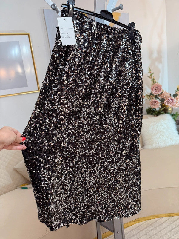 Gonna midi in paillettes nero argento