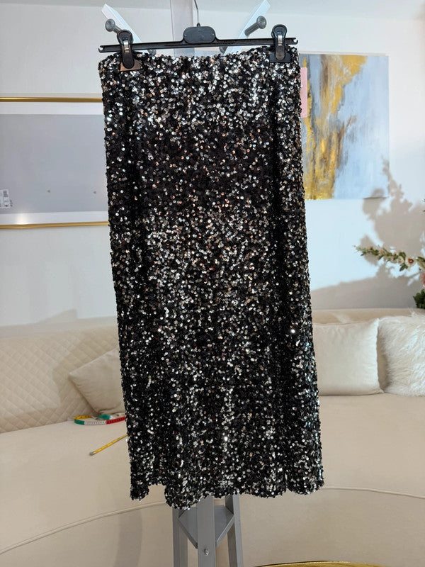 Gonna midi in paillettes nero argento