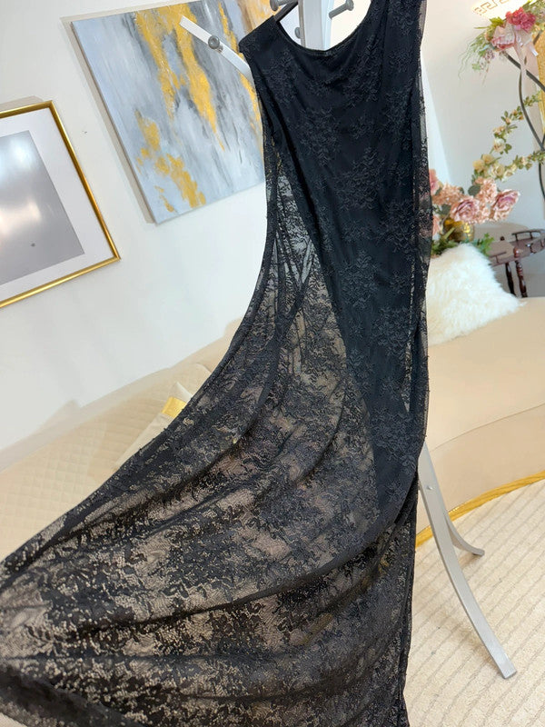 Vestito tubino lungo in pizzo nero