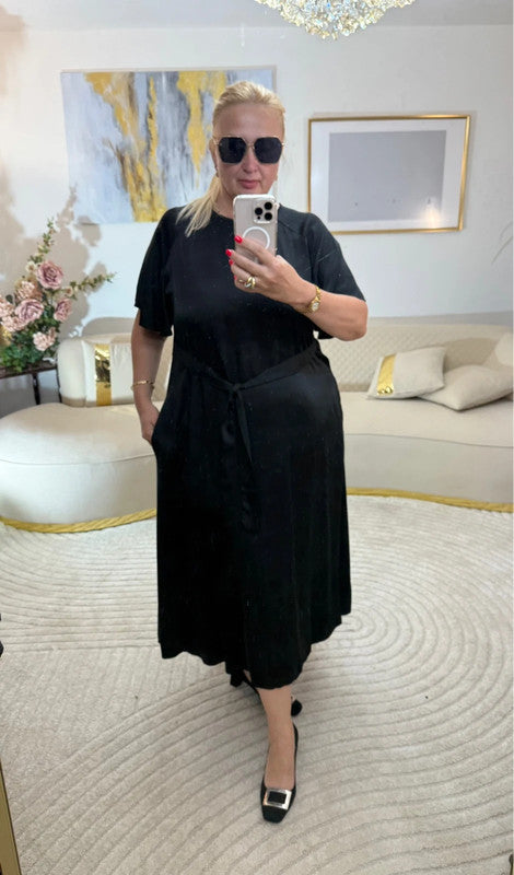 Vestito lungo viscosa nero con cintura