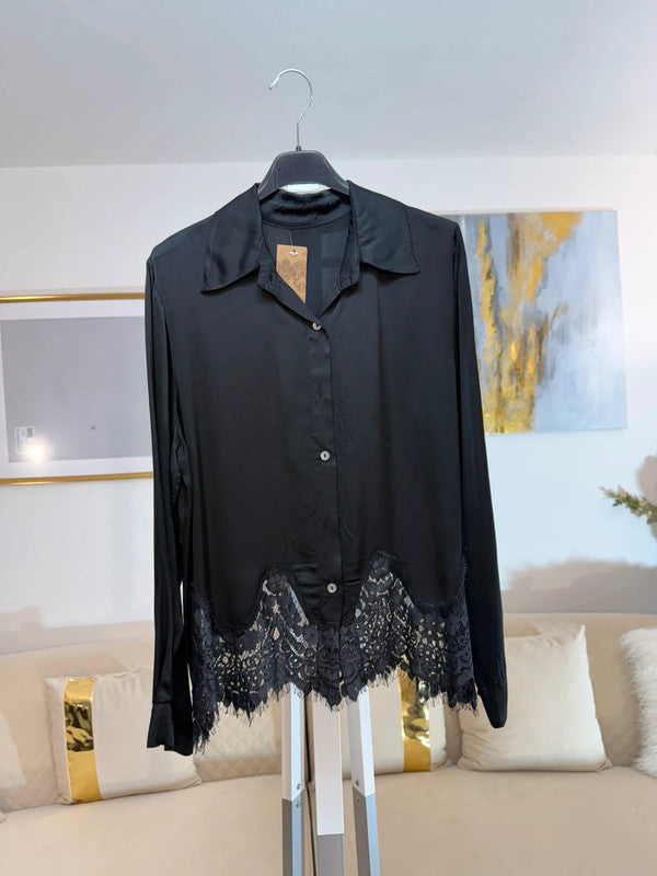Completo blusa e gonna nera in viscosa con pizzo Made in Italy