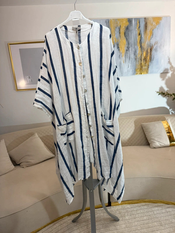Cardigan oversize in lino a righe blu e bianche