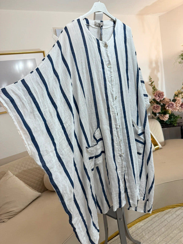 Cardigan oversize in lino a righe blu e bianche