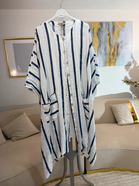 Cardigan oversize in lino a righe blu e bianche