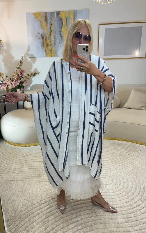 Cardigan oversize in lino a righe blu e bianche