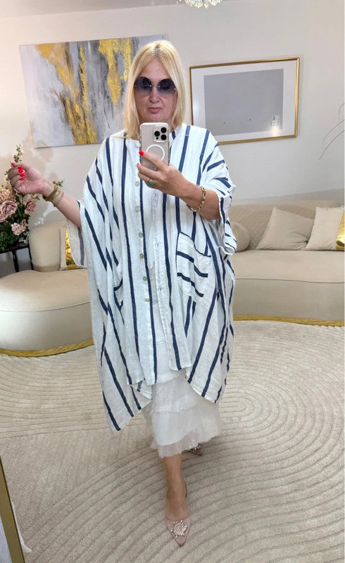 Cardigan oversize in lino a righe blu e bianche