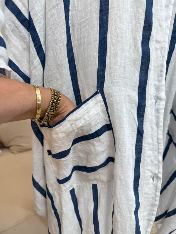 Cardigan oversize in lino a righe blu e bianche