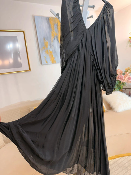 Vestito elegante chiffon nero oversize Made in Italy