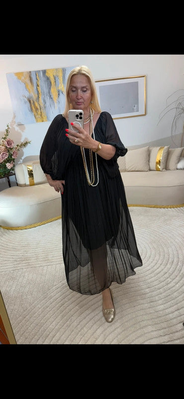 Vestito elegante chiffon nero oversize Made in Italy