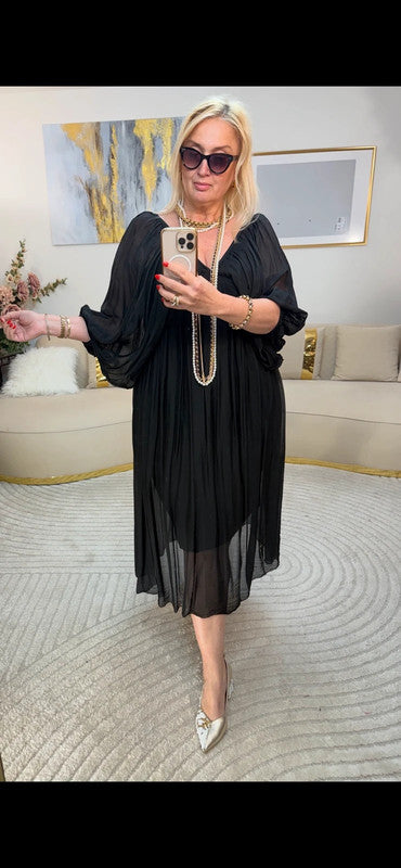 Vestito elegante chiffon nero oversize Made in Italy