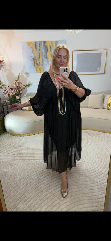 Vestito elegante chiffon nero oversize Made in Italy