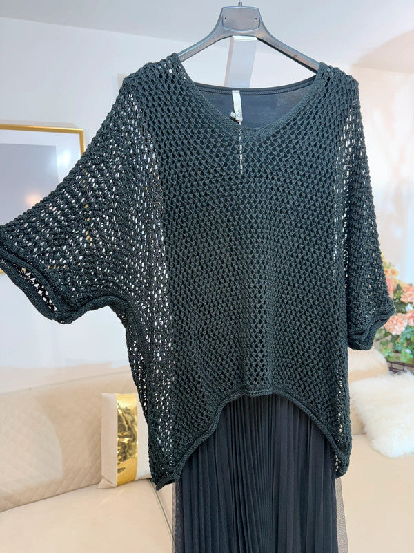Completo abito plissé con maglia traforata – nero elegante