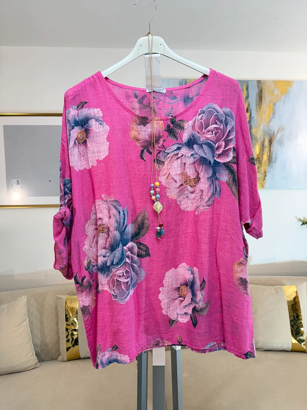 Blusa oversize cotone floreale multicolor Made in Italy 🌸
