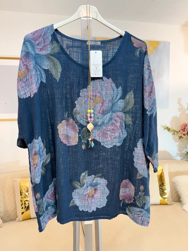 Blusa oversize cotone floreale multicolor Made in Italy 🌸