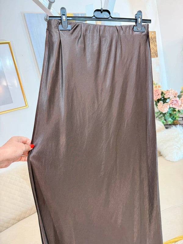 🤎 Gonna lunga in sbieco marrone effetto satinato Made in Italy