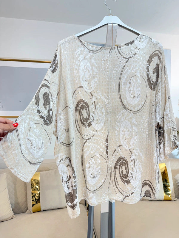 Blusa oversize cotone beige stampa astratta Made in Italy