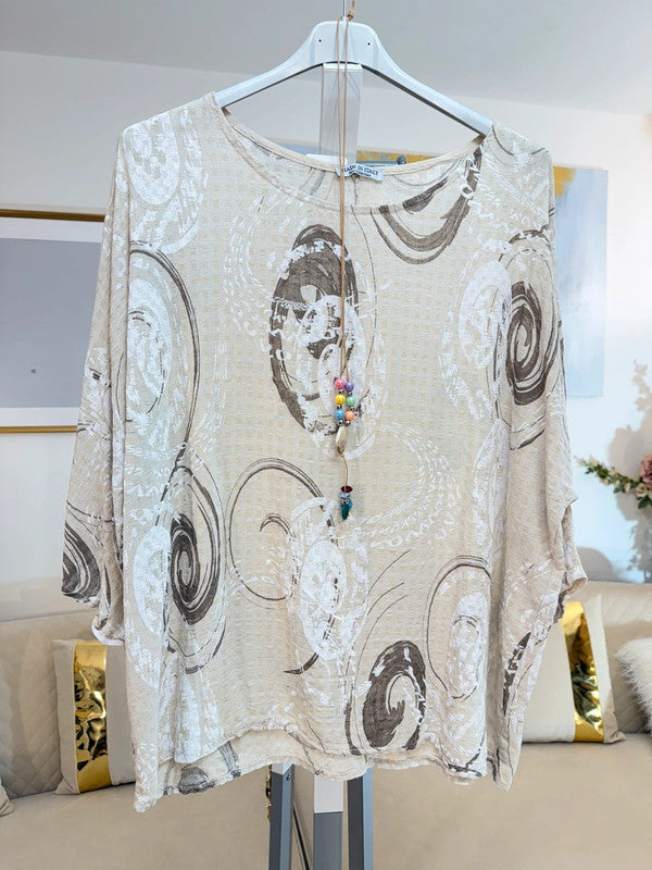 Blusa oversize cotone beige stampa astratta Made in Italy