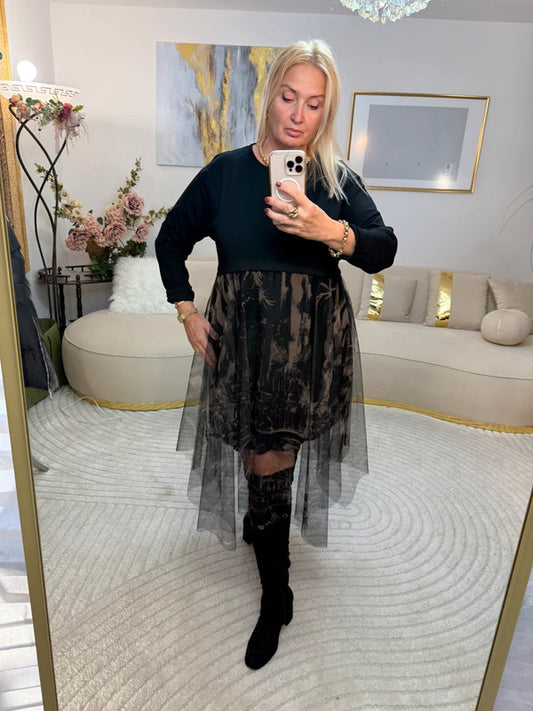 Vestito con gonna asimmetrica in tulle – nero