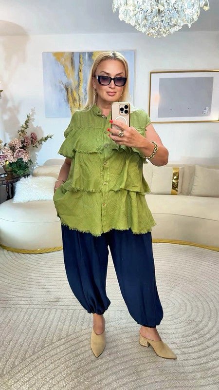 Camicia oversize in lino verde con balze Made in Italy 🍃