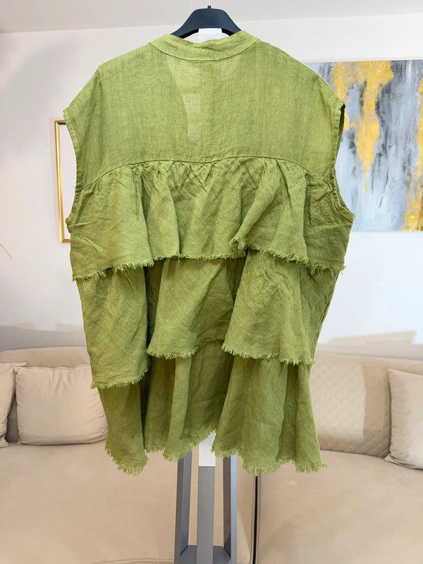 Camicia oversize in lino verde con balze Made in Italy 🍃