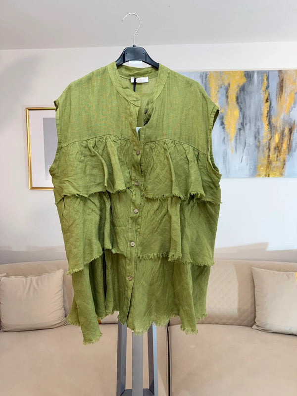 Camicia oversize in lino verde con balze Made in Italy 🍃