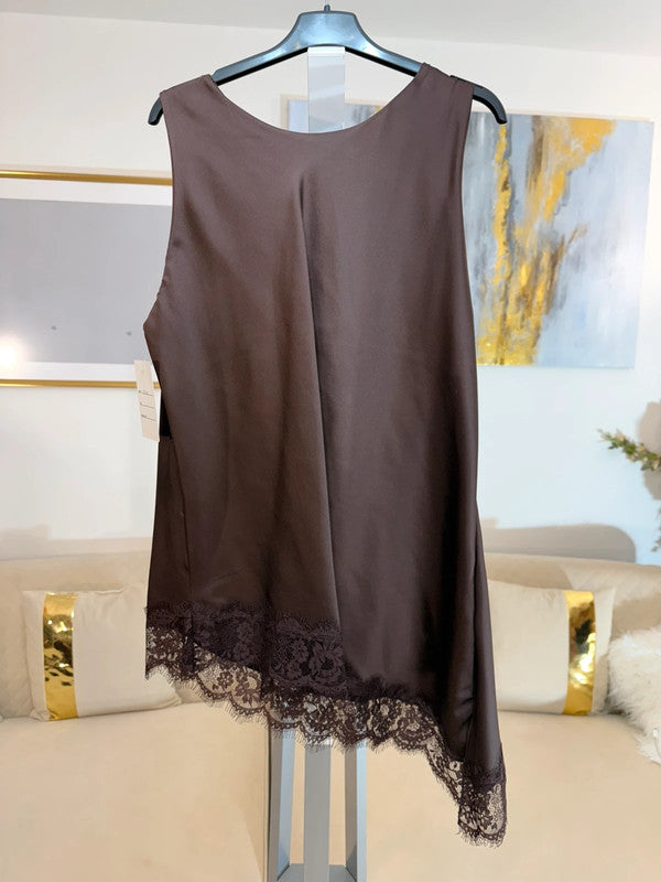 Top satinato con pizzo marrone elegante oversize