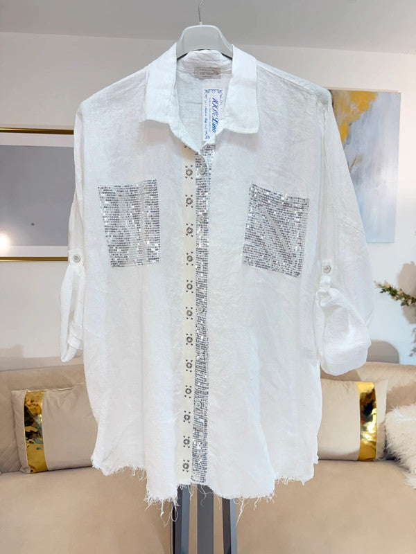 Camicia lino bianca con paillettes oversize