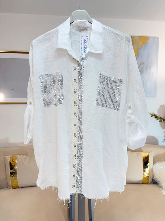 Camicia lino bianca con paillettes oversize