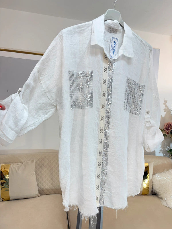 Camicia lino bianca con paillettes oversize