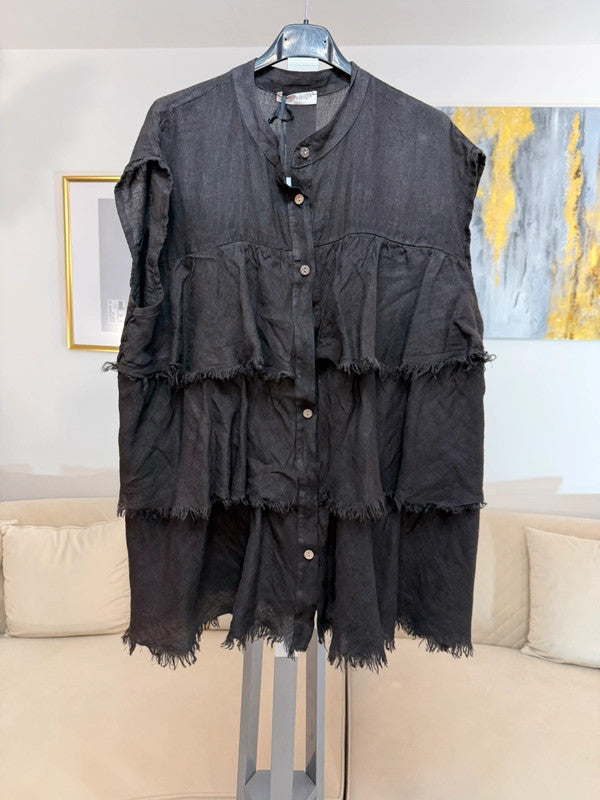 Camicia oversize in lino marrone con balze Made in Italy 🤎