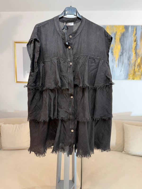 Camicia oversize in lino marrone con balze Made in Italy 🤎