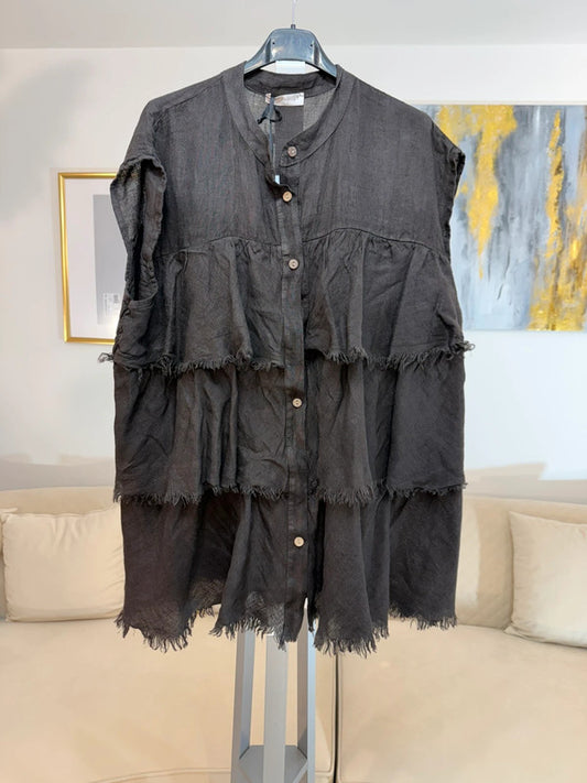 Camicia oversize in lino marrone con balze Made in Italy 🤎