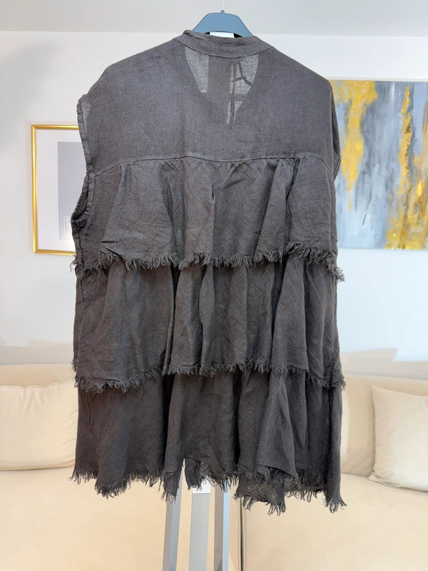 Camicia oversize in lino marrone con balze Made in Italy 🤎