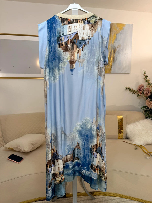 Vestito lungo fantasia città azzurra Made in Italy