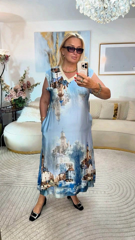 Vestito lungo fantasia città azzurra Made in Italy